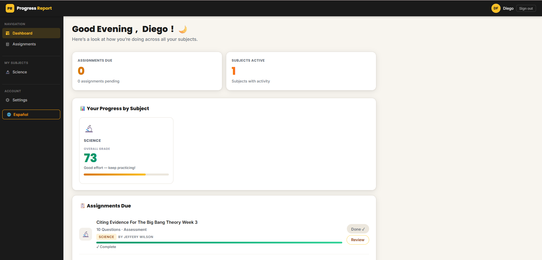 Diego’s English student dashboard