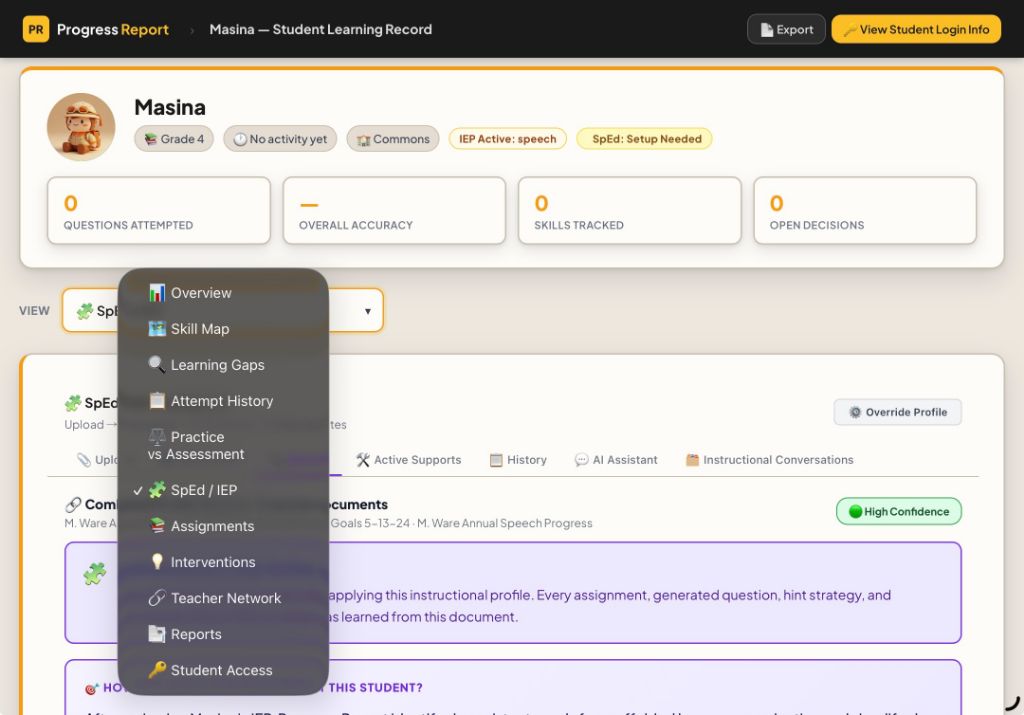 The actual My Progress Report Special Education review screen