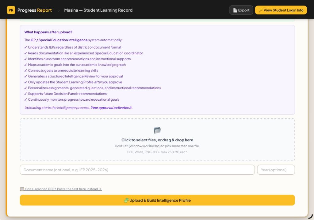 The actual My Progress Report document upload panel