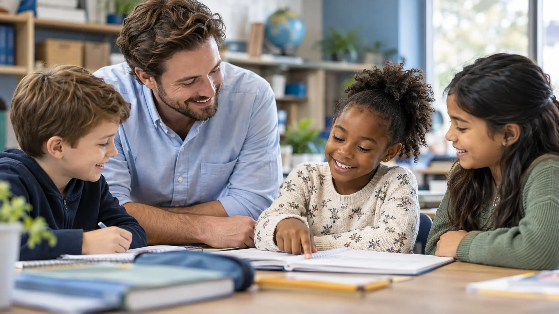 An educator working with students in a classroom