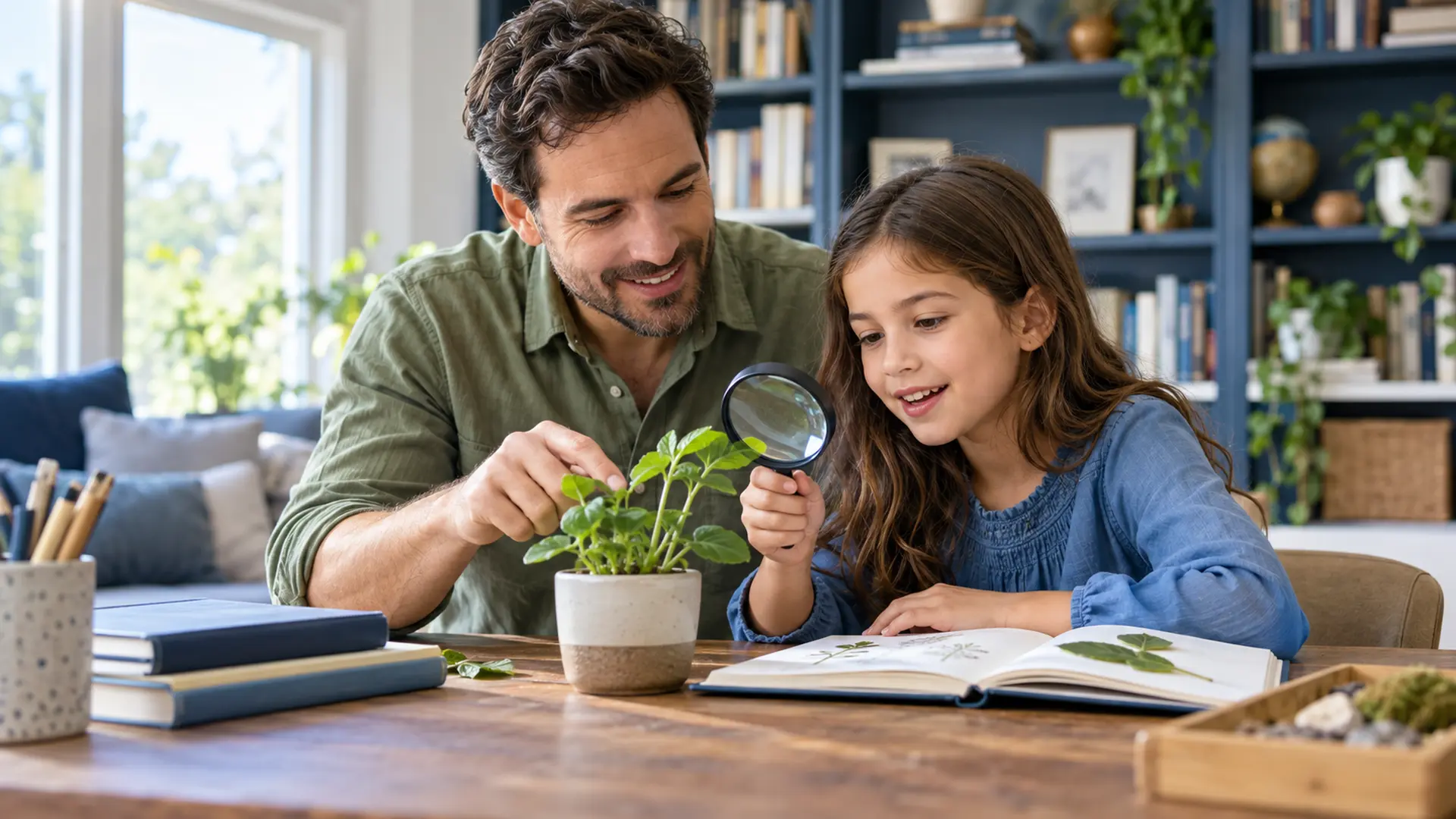 A father and daughter explore science at their home learning table.
