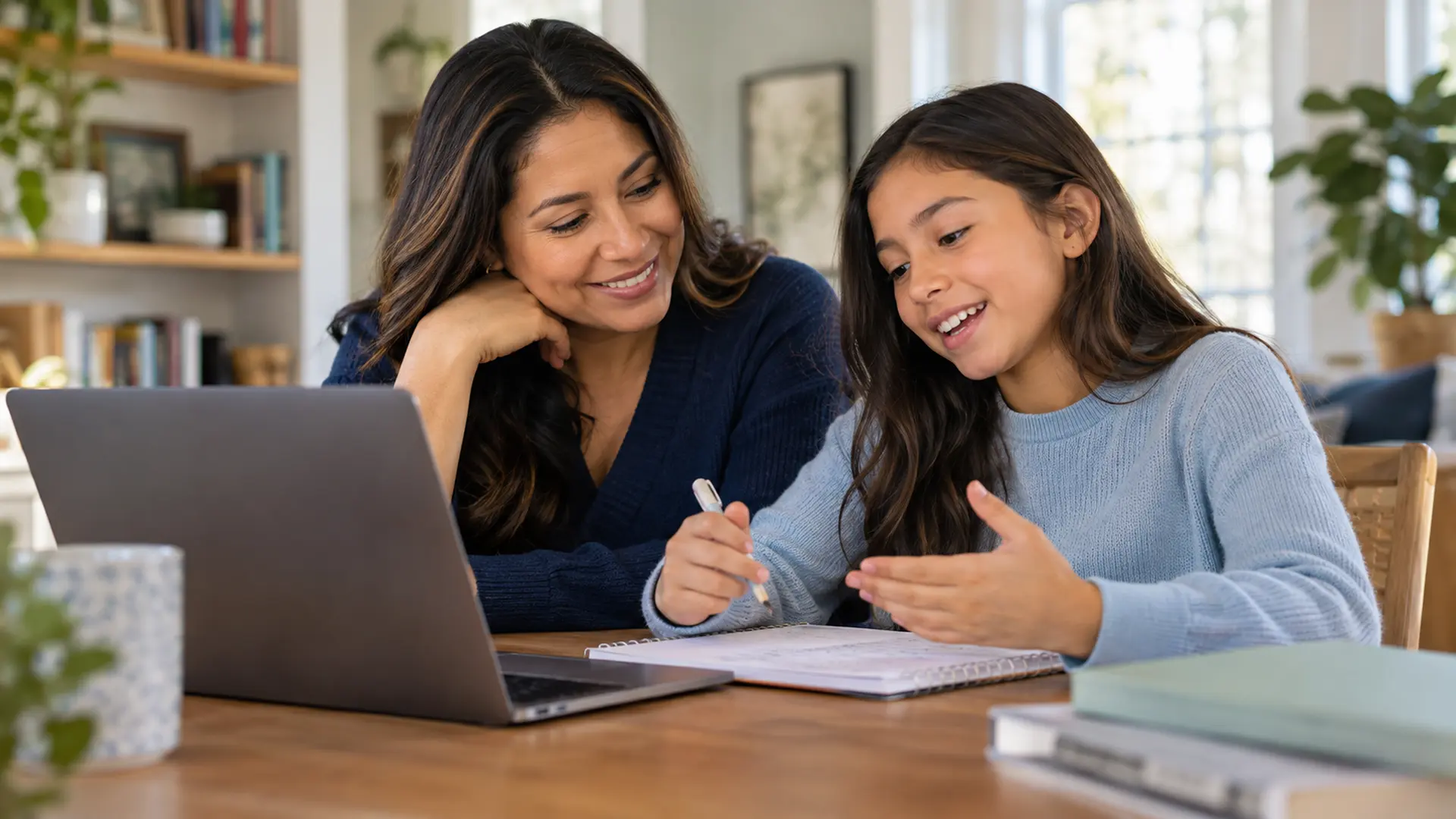 A mother and daughter explore schoolwork together at home.