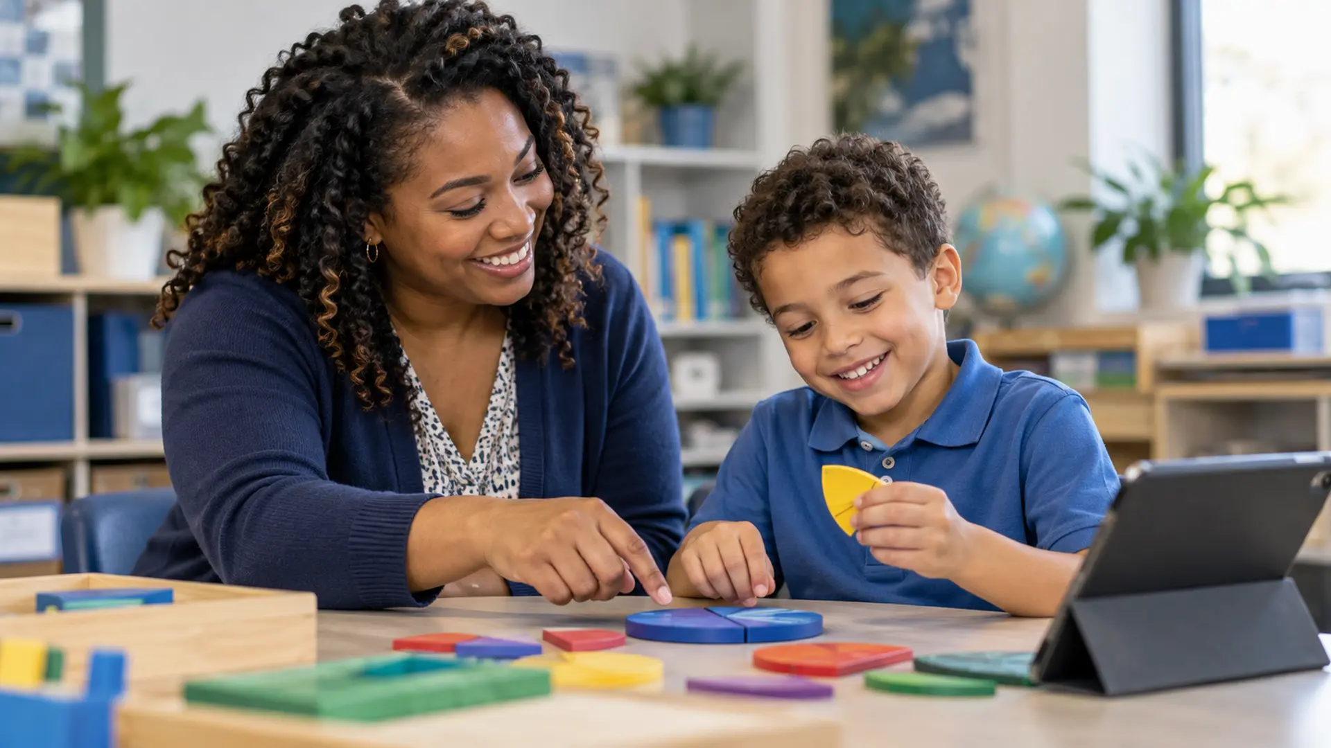 An educator and a student working together with learning materials in a classroom